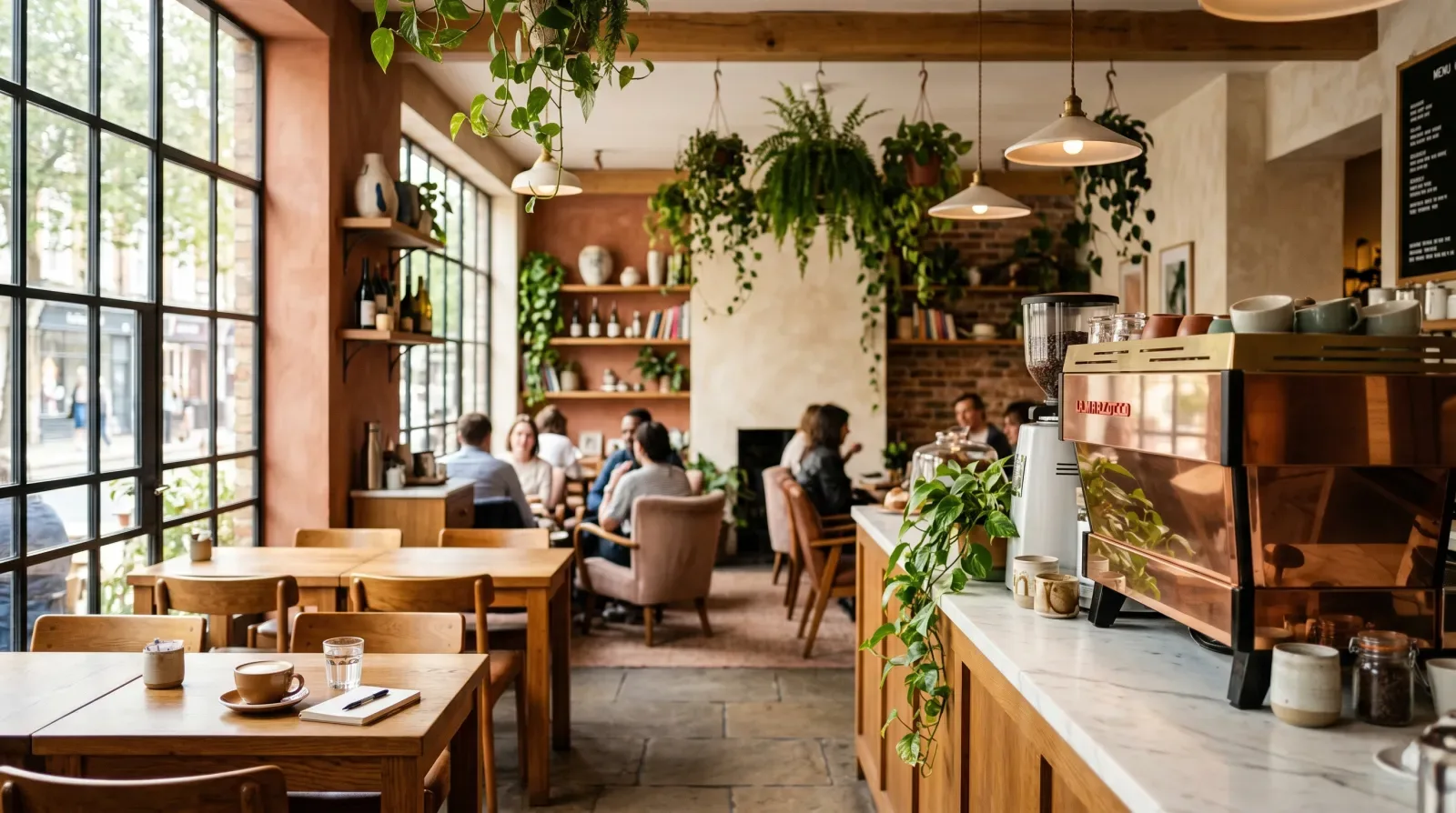 Heller, gemütlicher Gastraum des Café Sonnenhof im Morgenlicht